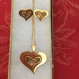 VALENTINE gold stainless steel heart & earrings set w/ colorful generic stones.
